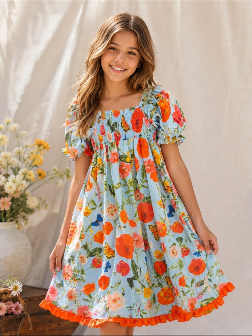 Cara Cara Girls Floral Puff Sleeve Smocked Dress Blue Orange 12 8001